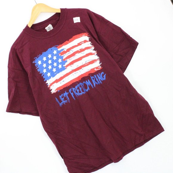 Vintage Gold Basicss Label T-Shirt Men's Burgundy Big USA Flag Graphic XL 90's - Picture 2 of 8